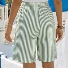 Faunlyn Pantalones cortos tipo bermudas a rayas con bolsillos laterales, de corte amplio y cintura media, estilo básico - Multicolor - Ver 8
