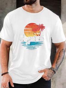 Herren Reine Baumwolle Kurzarm T-Shirt mit Vintage Grafik-Muster Kalifornien Sonnenuntergang Palme, lässiges Sommer-Oberteil, atmungsaktiv, weich, bequem für den täglichen Gebrauch, Urlaubsgeschenk, Weihnachts-, Geburtstags- oder Vatertags-Geschenk, stilvoller, locker sitzender Modestil, leicht, einfach zu kombinieren, Basic T-Shirt für Herren, Urlaubs-Strandoutfit, ideales Geschenk für Freunde und Familie - Weiss - Übersicht 1
