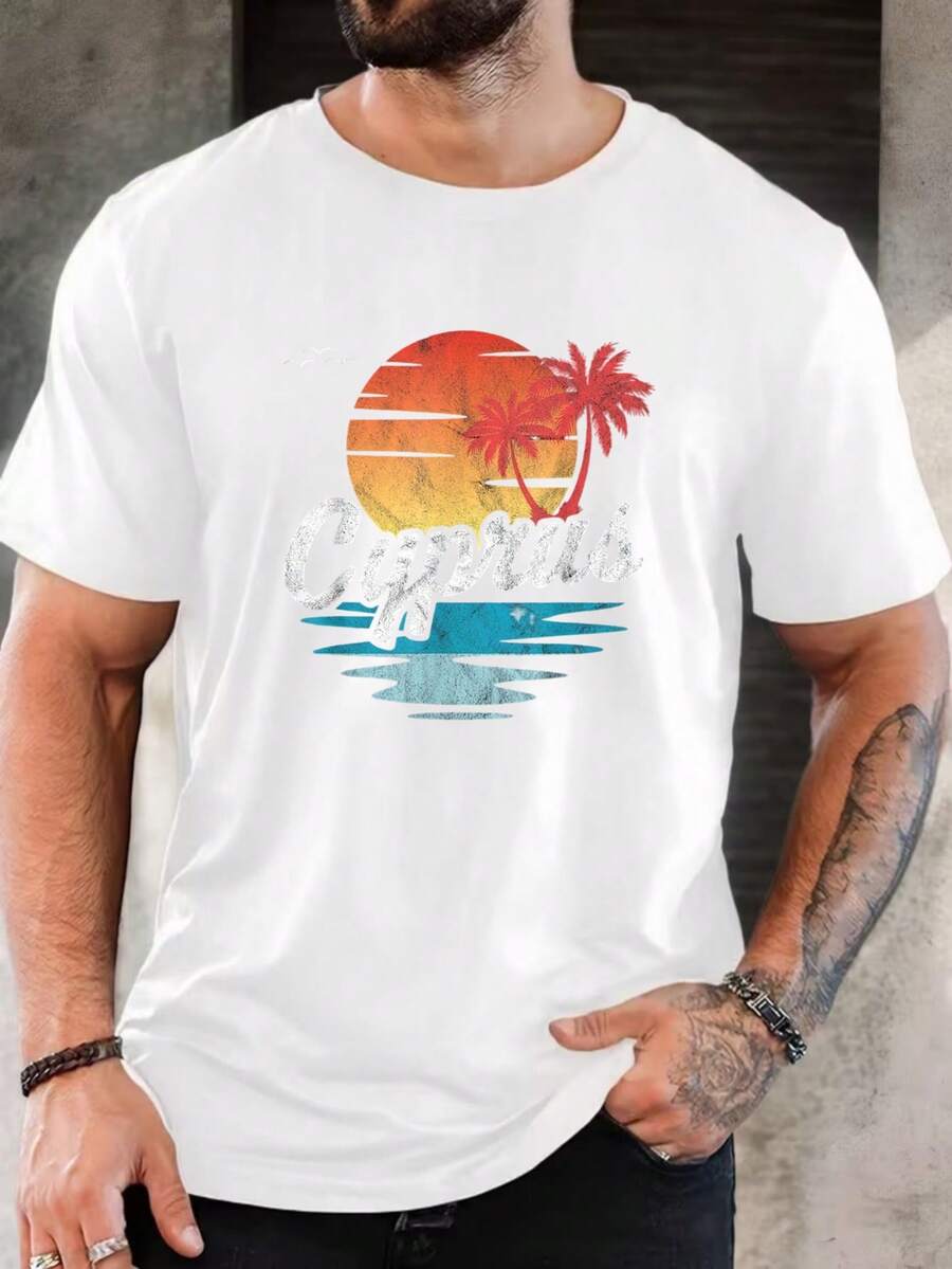 Herren Reine Baumwolle Kurzarm T-Shirt mit Vintage Grafik-Muster Kalifornien Sonnenuntergang Palme, lässiges Sommer-Oberteil, atmungsaktiv, weich, bequem für den täglichen Gebrauch, Urlaubsgeschenk, Weihnachts-, Geburtstags- oder Vatertags-Geschenk, stilvoller, locker sitzender Modestil, leicht, einfach zu kombinieren, Basic T-Shirt für Herren, Urlaubs-Strandoutfit, ideales Geschenk für Freunde und Familie - Weiss - Übersicht 1