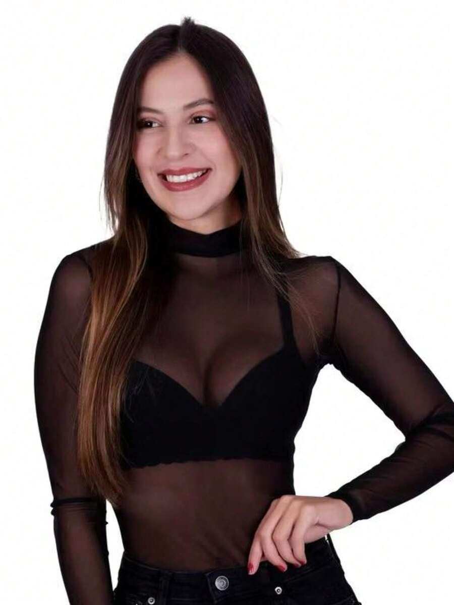 Women's Plain Tulle Bodysuit With Long Sleeves And High Neck - Sheer - Autumn/Winter Fashion - 黑色 - 查看 1