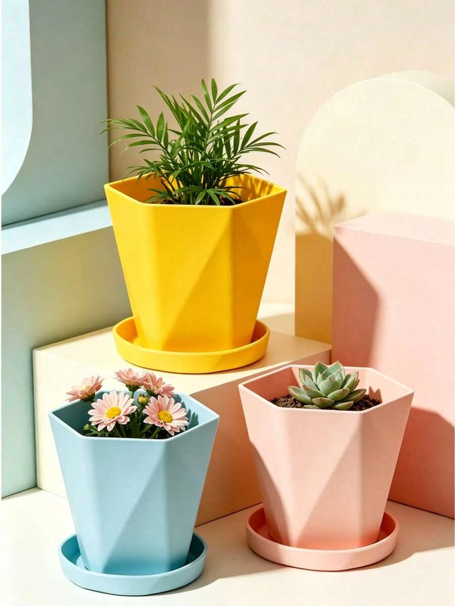 1組塑膠花盆(1盆+1托盤)小植栽盆,北歐現代極簡風花盆,室內/室外通用植物種植容器,適用於桌面、陽台、花園、居家、辦公室裝飾,多肉植物、花卉、香草(因生產製程,可能偶有瑕疵,請以實品為準) - 多邊形花盆 - 查看 1