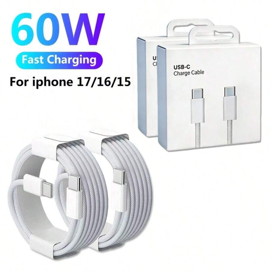 PD 60W Dual USB C Fast Charging Cable For IPhone 17/16/15 Pro Max Plus ForSamsung POCO Type C To Type C Fast Charger Braided Cable Data Cable With Box - 2 White - View 1