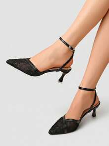 Fashionable Elegant Floral Embroidery Mesh Pointed Toe High Heels - Black - View 8