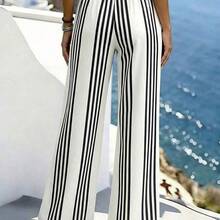 Pantalones casuales de cintura elástica de alta calidad con rayas, pantalones anchos para mujer, adecuados para vacaciones, salidas, Y2K, primavera, verano, vuelta al colegio, casual, playa, negocios, versátiles, pantalones casuales color albaricoque para mujer, pantalones rectos a rayas para mujer - Albaricoque - Ver 3
