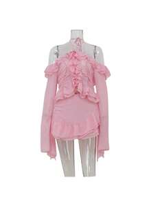 Conjunto de dos piezas para mujer: top rosa con volantes y hombros descubiertos, estilo Y2K. Elegante conjunto de manga larga acampanada. - Rosa - Ver 8
