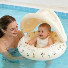 Baby Swim Ring With Sun Canopy, Cute Rabbit Print Eye-Catching Design, Detachable Sunshade Effectively Blocks Harsh Sunlight, Suitable For Home Pool Or Beach Vacation, Perfect Summer Water Play Companion For Babies. - Multicolor - View 4
