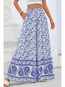 [Free Shipping]Women Wide Leg Pants Casual High Waist Floral Palazzo Pants For Women Flowy Lounge Boho Beach Trousers Pockets Women's Wide Leg - 寶藍色 - 查看 2