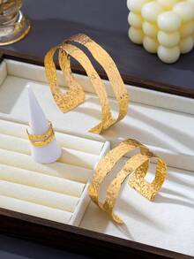 3件組金色調雙層波浪手鐲 + 手鍊 + 戒指套組，復古波希米亞風季節時尚配件，適合日常穿搭、派對與慶典，送給女性朋友的最佳禮物 - 薑色 - 查看 3