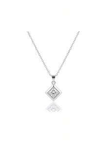S925 Sterling Silver Minimalist Square Pendant Necklace With Shiny Center Stone, Sleek Geometric Frame, Delicate Chain, Perfect For Everyday Wear - Silver - View 7