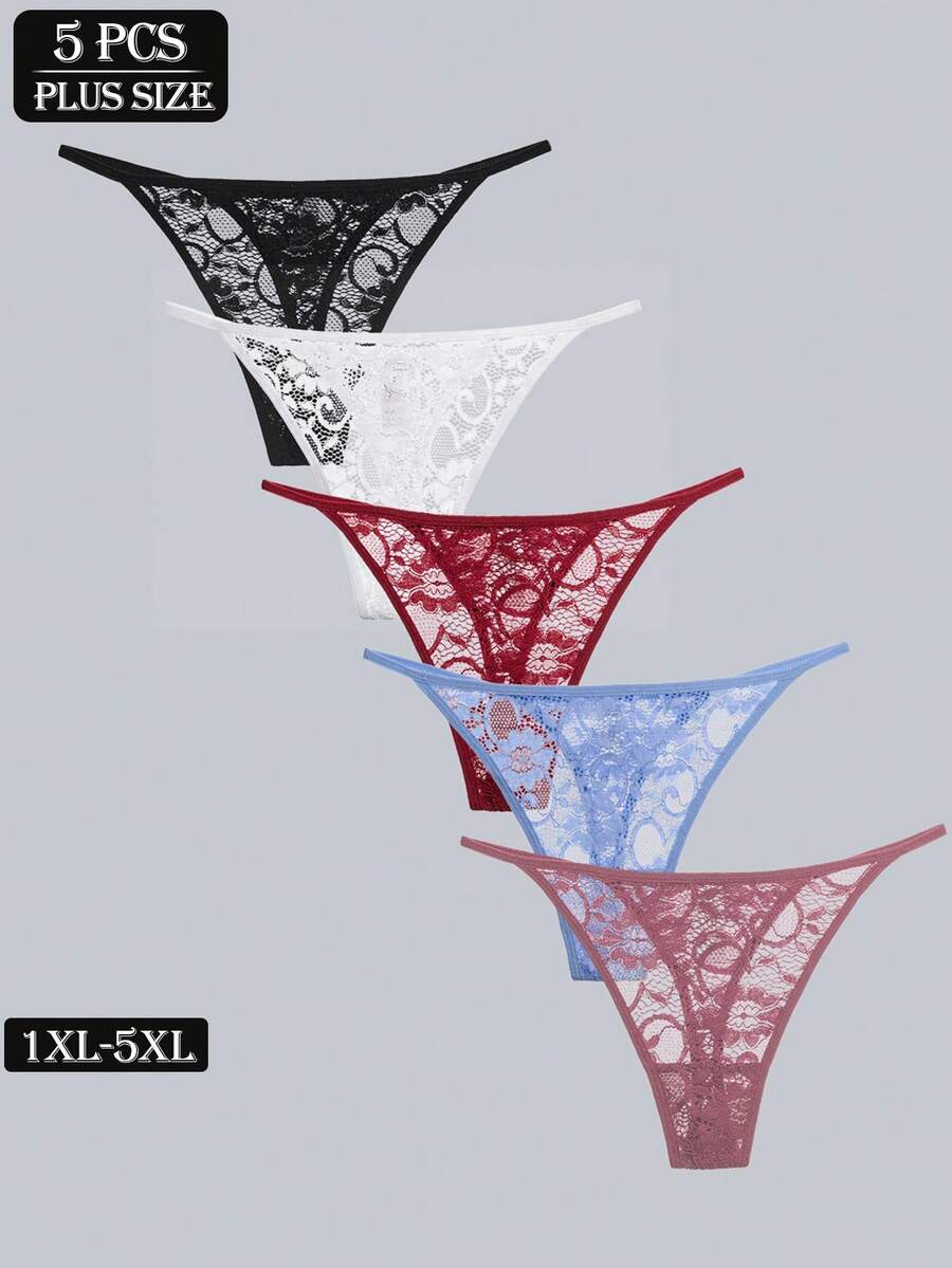5 Packs Plus Size Women Sexy Lace Thongs, Low Rise T-Back Comfortable Underwear - Multicolor - View 1