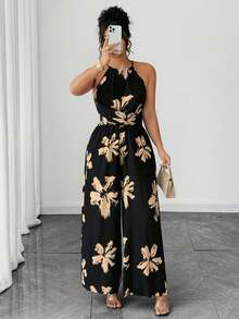 Mono informal sin mangas con estampado floral all-over para mujer talla, de verano - Negro - Ver 1