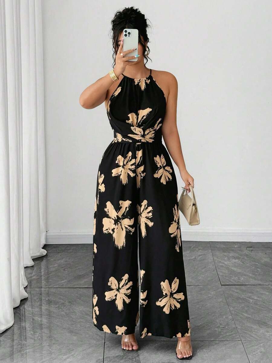 Mono informal sin mangas con estampado floral all-over para mujer talla, de verano - Negro - Ver 1