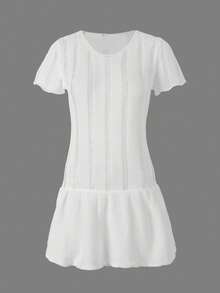 Sexy Knit Frill Ruffled Hem Beach Mini Dress 2026 Women's Summer Chic Vacation Beachwear Swimsuit Cover Up Short Sleeve Hollow Out Party Club Outfit - White - View 6