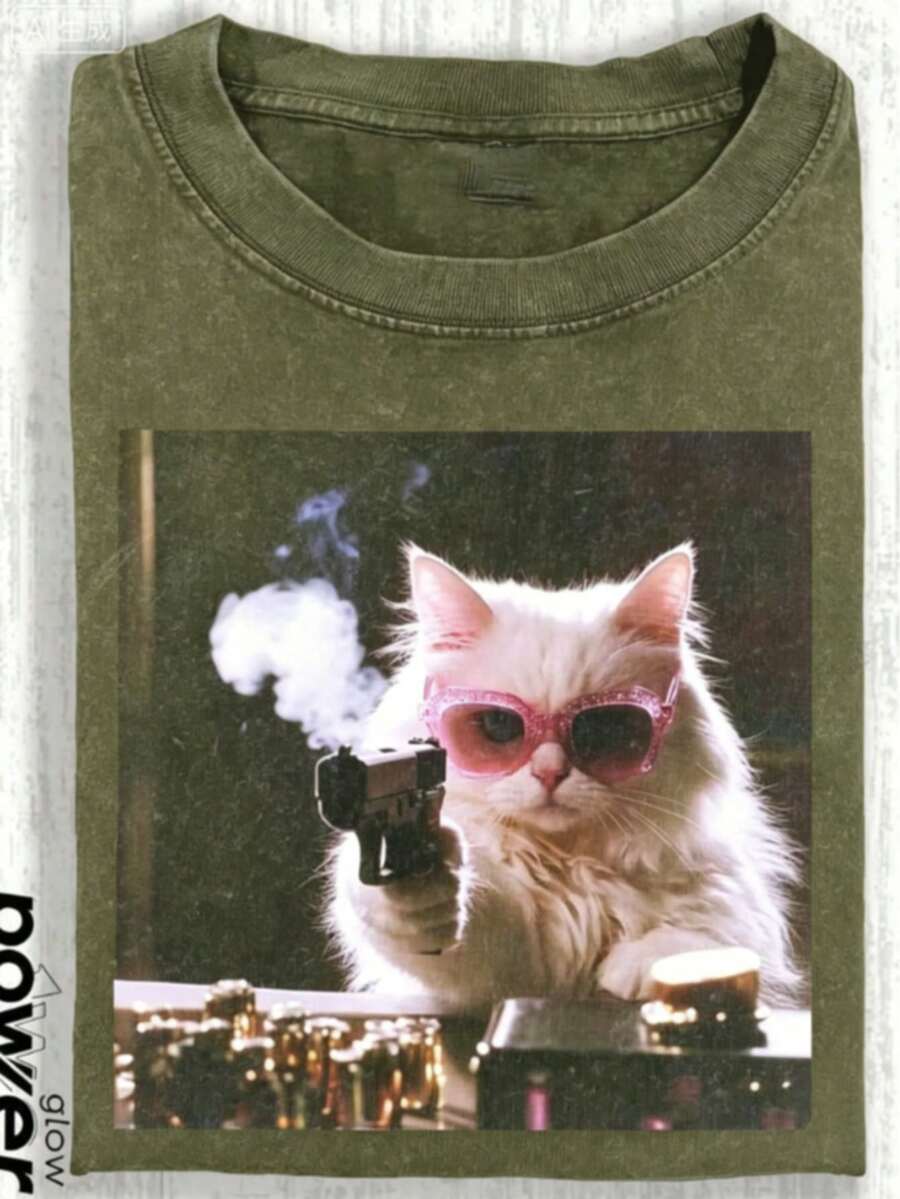 1pcsCute Cat Funny Graphic Graphic T-ShirtMen's Cotton T-Shirt, 230G Washed Short-Sleeve Suitable For Halloween, Christmas And Spring Festival Gifts - 綠色 - 查看 1