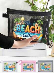 The Beach Is Calling 透視網格化妝包，夏季熱帶棕櫚樹印花拉鍊收納袋，便攜式旅行盥洗用品收納袋，輕量海灘化妝收納袋，化妝包，零錢包，配件收納袋，口紅與氣墊粉撲收納便攜化妝包透明收納袋盥洗包旅行收納袋，化妝包化妝收納袋護膚包盥洗包，度假、日常使用與戶外活動適用透明網格化妝收納袋，情人節禮物，母親節禮物 - 彩色 - 查看 5