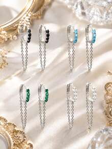 1pc 925 Sterling Silver Women's Navel Piercing Jewelry, Turquoise Inlaid CZ Round Ring With Tassel Pendant - Single - View 8