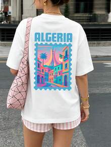 Camiseta de verano para mujer, estampada con el diseño "Algeria", manga corta, 100% algodón, estilo retro americano, ideal para uso casual diario, perfecta para vacaciones y viajes. - Blanco - Ver 3