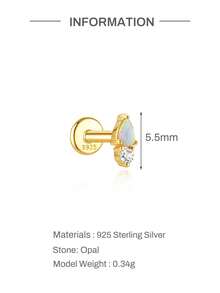 1Pc 16G 925 Sterling Silver White Opal Stud Earring, 18K Gold Plated Fire Opal Bead Internally Threaded For Women Girls Daily Wear, Sold Individually - Gold - View 24