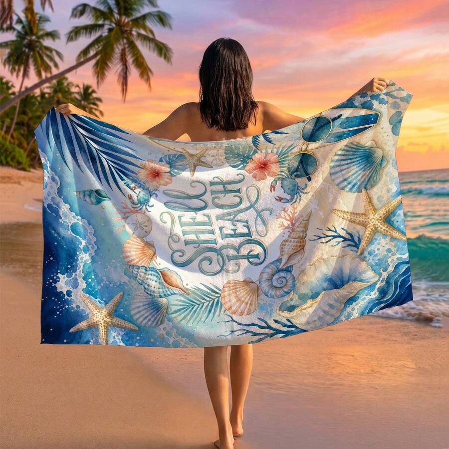 1件海星貝殼海螺印花沙灘巾,適用於旅行、戶外露營、海灘、游泳、海灘度假 - A - 查看 1