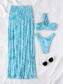 Women's Summer Beach Ruched Sexy Bikini Top And Triangle Bottoms Swimsuit Set With Sarong Skirt - Multicolor - View 4
