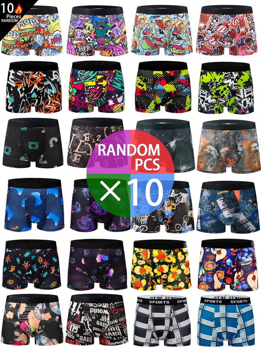 10pcs/Pack Random Pattern Men's Underwear - Comfortable, Stretchy Boxer Briefs Suitable For Casual & Sports Wear - Soft, Lightweight, Surprise Patterns Randomly Assorted - Multicolor - View 1