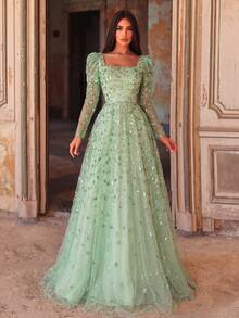 Faeriesty Long Sleeve Sequin & Beaded Embellished Formal Gown - Luxurious Layered Sheer Design And Alluring Shimmer Effect Vacation Wedding Party - Green - View 2