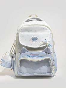 Ombre Blue & White Cat Ear Backpack, Girly Star & Heart Print Bookbag With Pendant, Large Capacity - Blue - View 8