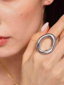 1 pieza Anillo de acero inoxidable con baño de oro, diseño geométrico hueco y redondo, accesorio de moda diario para mujer - Anillo ovalado - Ver 10
