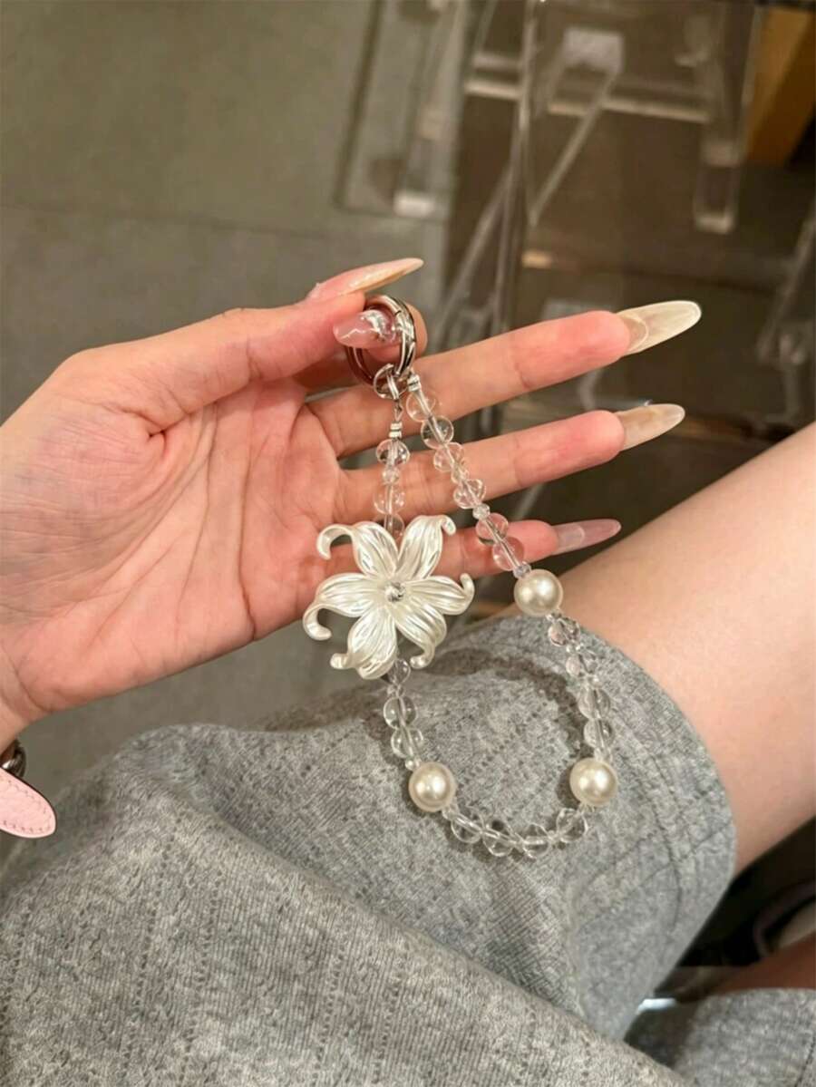 Colgante de cadena para teléfono con flor de iris de perla blanca, accesorio, llavero - Blanco - Ver 1