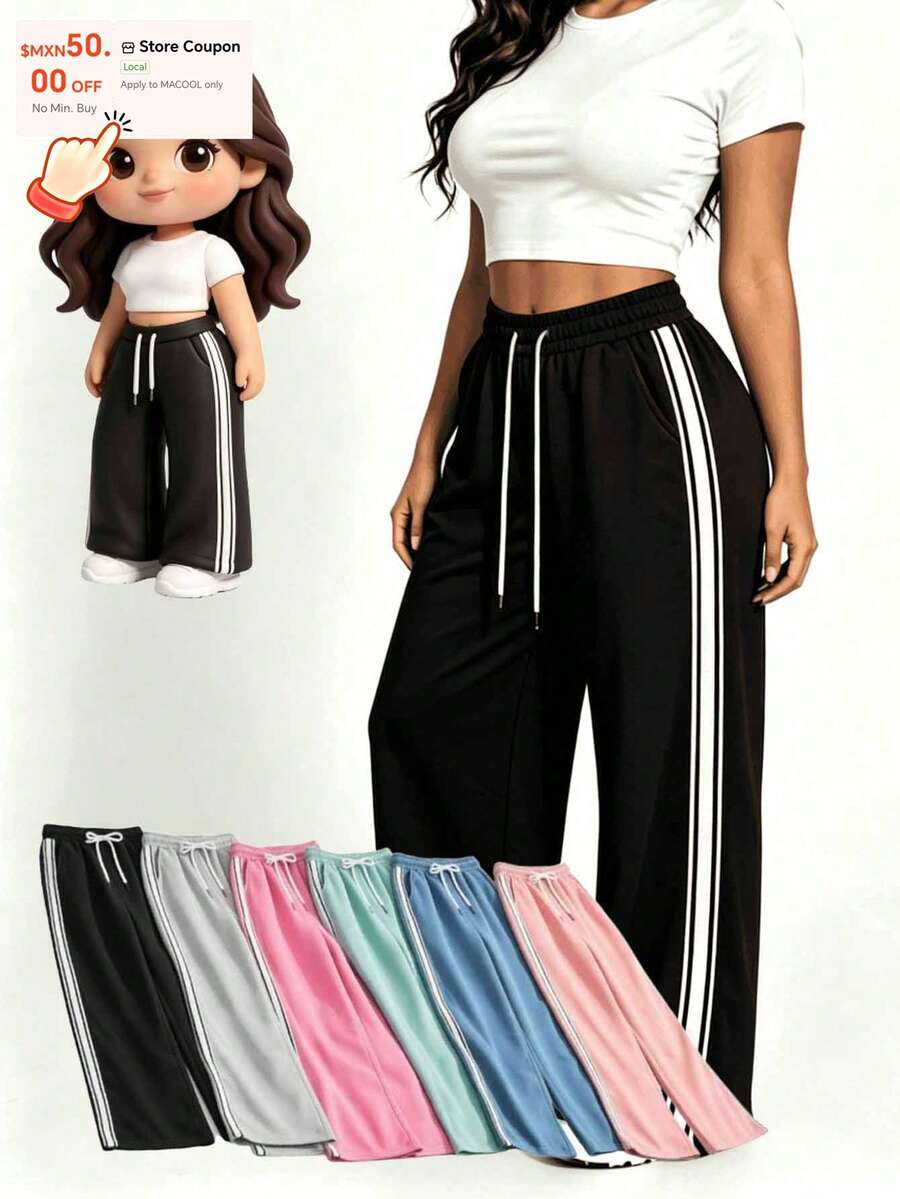 Pantalones largos con cordón y rayas laterales para mujer - Azul - Ver 1