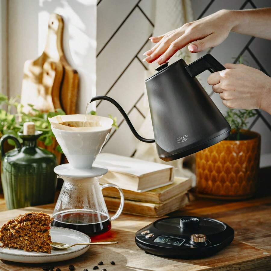 Adler Electric Gooseneck Kettle Temperature Control Kettle 1L 1100W LED Display 40-100°C 13 Temp Settings 120min Keep Warm Buzzer Auto Shut-Off 360° Base Black Gold - EU E Type Plug(220-240V) - View 1