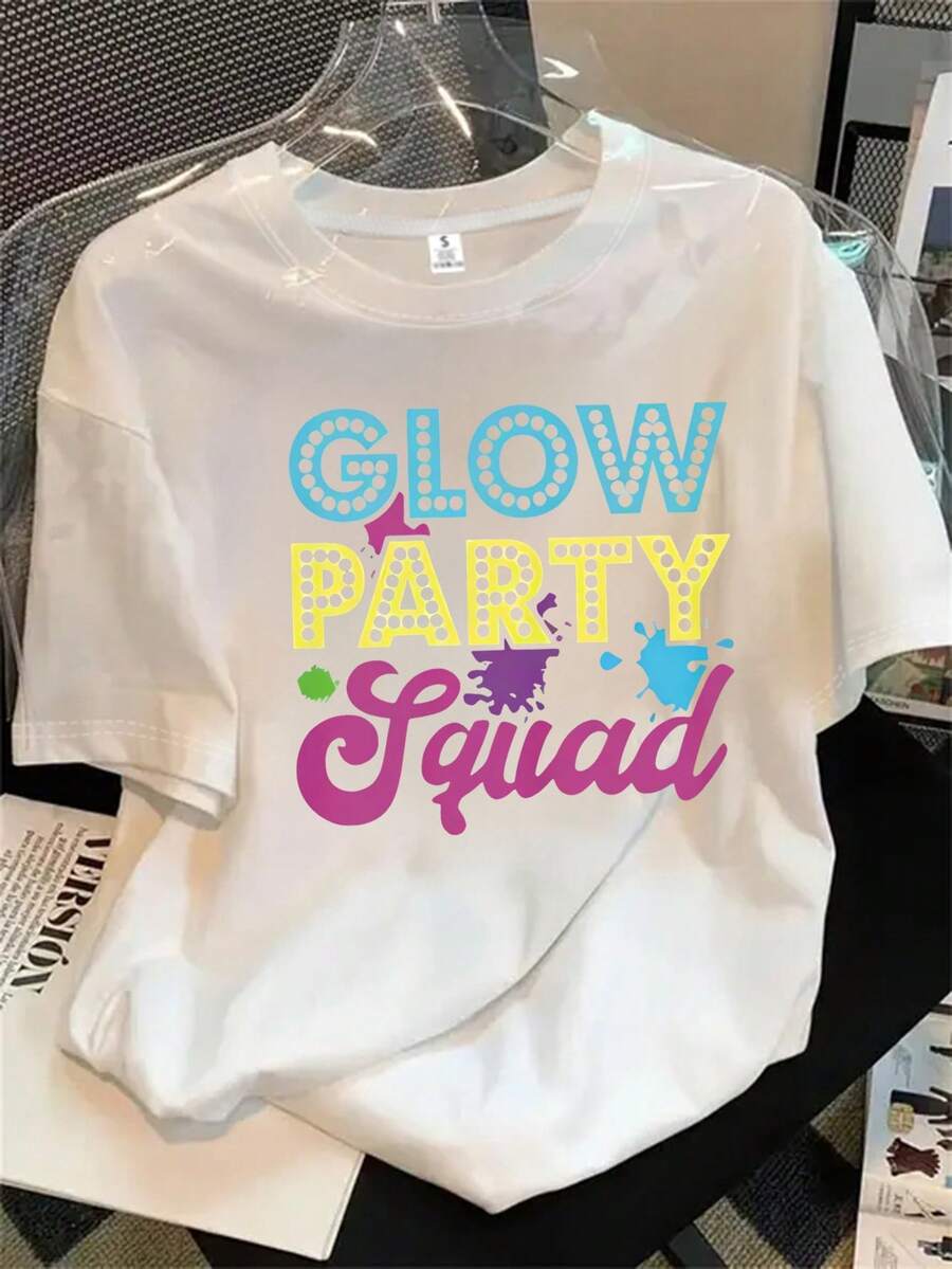 Top de mujer de manga corta y cuello redondo con estampado de logotipo y palabras luminosas, apto para todas las estaciones. - Blanco - Ver 1