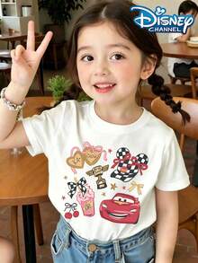 Disney Cars Lightning McQueen T-Shirt, McQueen Paired With A Trophy, Checkered Bow Tie, Cherries, Energetic And Casual Top Print Pattern Summer Tops,Short-Sleeved Casual And Cute Style  Children's Clothing Design, Girl Clothes For Kids Clothes ,Ropa Para Niños,Teen Girls Clothes, Summer Clothes,Boys Summer Outfits,Boys Clothes,Perfect For Cool Girls. Comfortable And Breathable Children's Short-Sleeved T-Shirt. Comfortable And Casual Wear All Year Children's Clothes,Comfortable & Lightweight, Iconic Print For Mix-And-Match Outfits,Suitable For Both Boys And Girls. - trắng - Xem 2