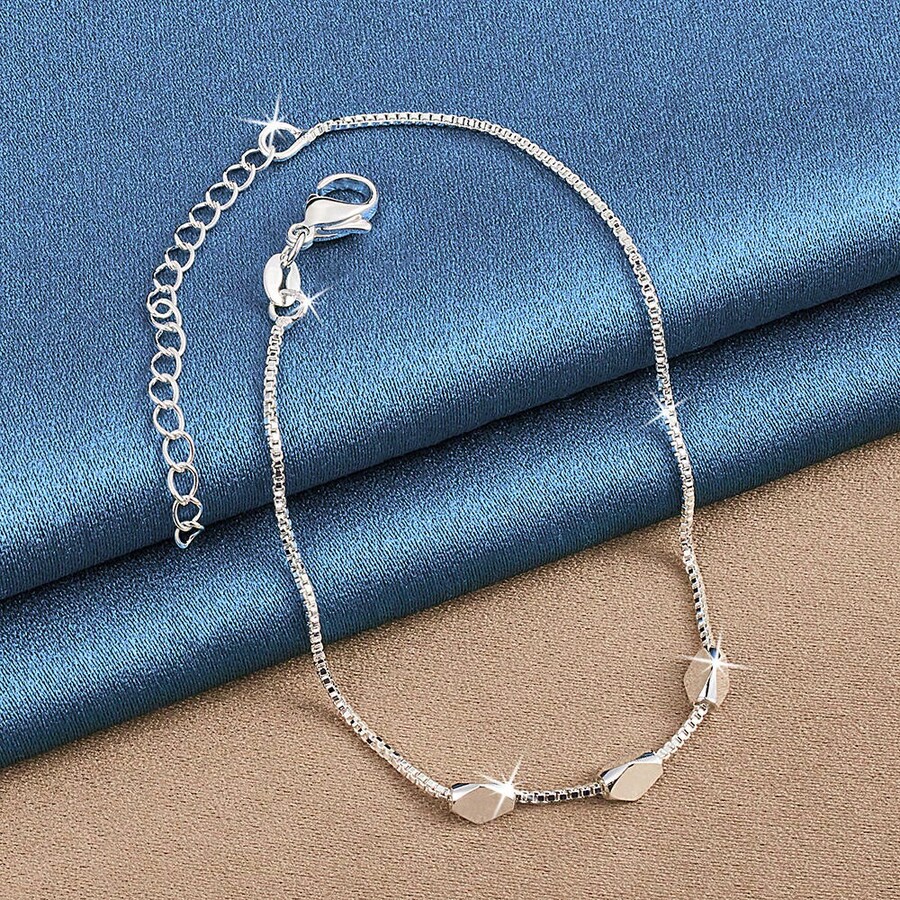 1pc 925 Sterling Silver Plate Lucky Three Geometric Beads Charms Bracelet For Women Girl Box Chain Bracelets Jewelry Gift - Silver - View 1