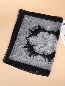 1pc/Pack All-Season New Lightweight Chiffon Printed Scarf, Small Silk Scarf, Sun Protection Long Scarf, Suitable For Daily Use - Black and Gray - View 3