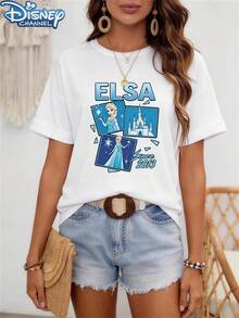 Frozen Princess Elsa Disney Women's Casual Round Neck Short Sleeve T-Shirt, Suitable For Wearing In Spring/Autumn/Summer, With A Loose Fit That Accommodates Various Body Types. It Is Also An Ideal Choice For Occasions Such As Women's Tops, Festival Wear, Vacation Wear, Holiday Attire, And Office Clothing. - White - View 3