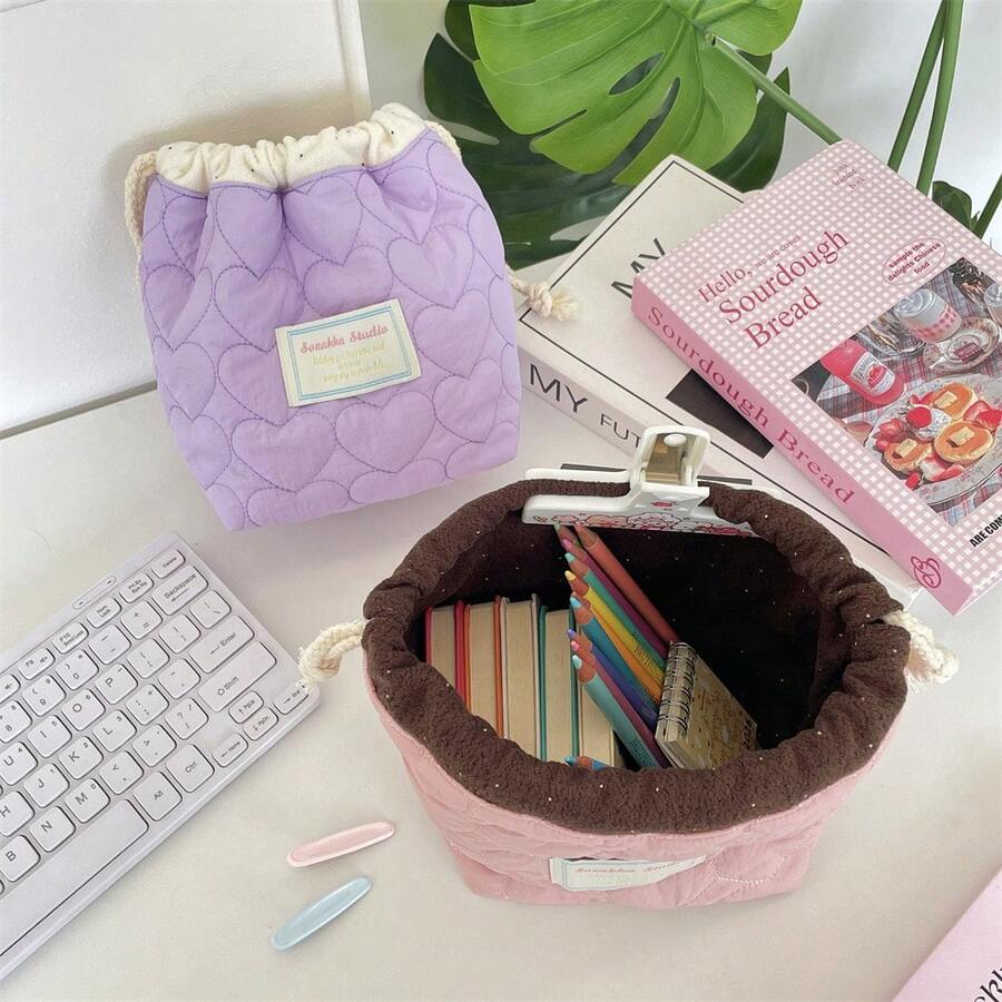 Heart-Shaped Drawstring Storage Bag, Color-Block Cosmetic Organizer Bag, Travel Toiletry Drawstring Storage Pouch - Multicolor - View 1