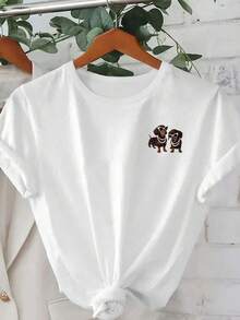 Plus Size Women's Casual Fashion Dachshund Print Crew Neck Short Sleeve T-Shirt White Summer - White - View 6