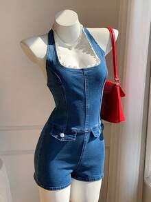 Women's Denim Jumpsuit With Button Design And Halter Neckline - 黑色 - 查看 1
