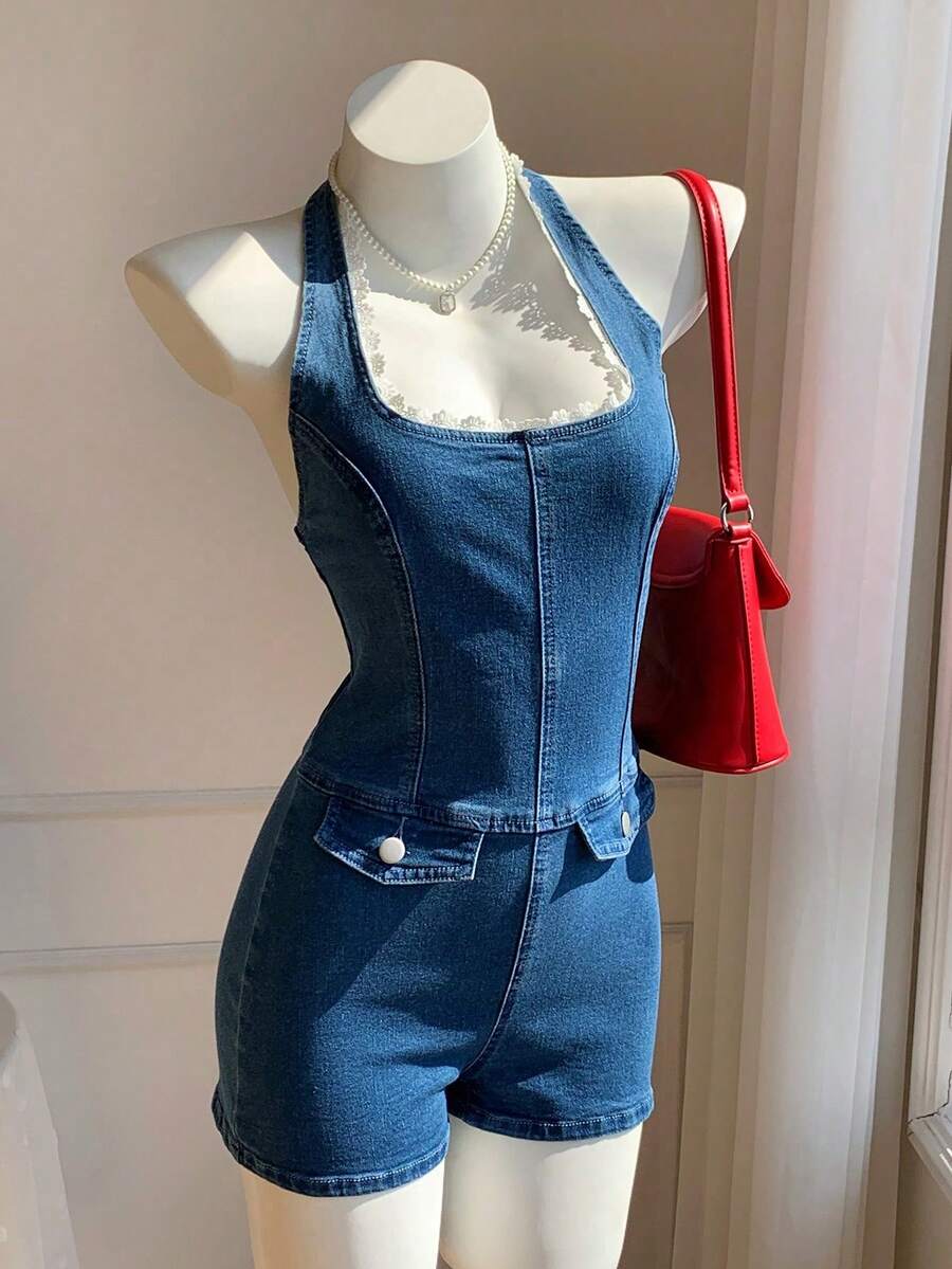 Women's Denim Jumpsuit With Button Design And Halter Neckline - 黑色 - 查看 1