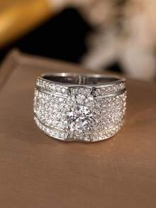 Gift Box Silver Wide Band Ring, Round Cubic Zirconia Center Stone With Pave Round Diamond Accents, Luxury Statement Ring For Women - Silver - View 12