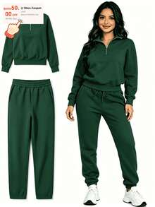 Women's Two-Piece Tracksuit With Half Zip And Matching Pants - 綠色 - 查看 9