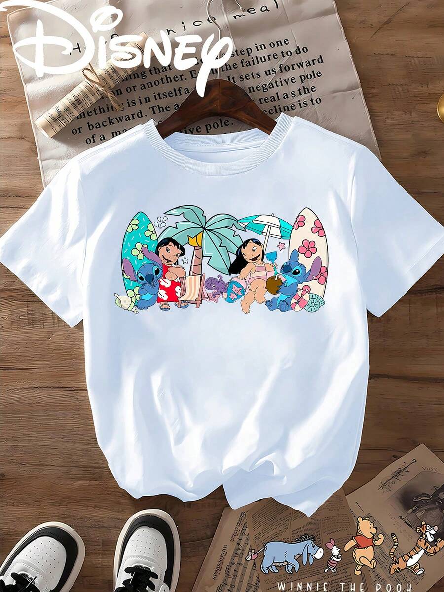Breathable Cotton Disney Fan Tee | "Lilo & Stitch Beach Vibe" With Surfboards & Palm Trees Print | Fun Vacation Short-Sleeve Shirt - 白色 - 查看 1