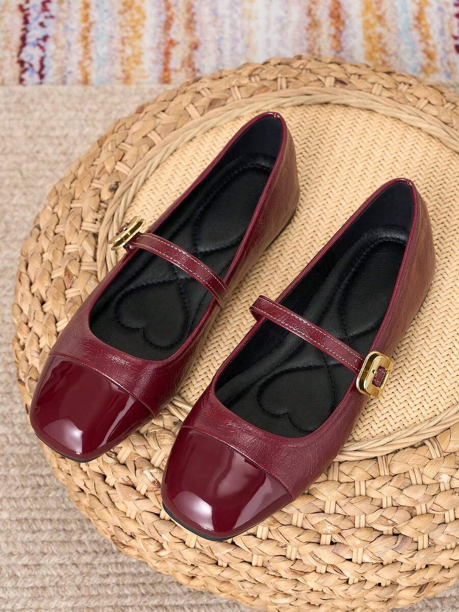 HFSHUNXY SunsoleShoes 2026 Elegant Women's Mary Jane Flats, Burgundy, Colorblock Design, Comfortable And Versatile, Casual Single Strap Buckle, Suitable For Valentine's Day, Mother's Day, Wedding, Party, Office And Other Occasions
