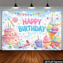 2D Flat Birthday Party Banner Background, Happy Birthday Theme, Featuring A Double-Layer Cream Cake, Cupcakes, Ice Cream Cones, Lollipops, And Colorful Triangular Pennant Flags, Paired With Candy Polka Dot Star Decorative Elements. Made From Durable, Backdrop, Party Decoration Backdrop, Tapestries, Tapestry,, Home Decor. - Nhiều màu - Xem 7