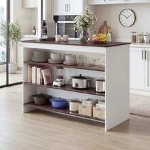 Kitchen Island With Storage, Kitchen Cabinet Island With Breakfast Bar, 3 Open Storage Shelves & Footrest, Multifunctional Sideboard For Kitchen, Dining & Living Room - Blanco - Ver 7