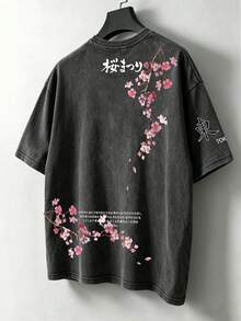 Manfinity Hypemode Camiseta casual de hombre de algodón lavado con bordado floral, de corte holgado, estilo callejero de moda para el uso diario en veranoCamiseta unisex lavada. Y2K style,Fashionable styel,cute style,Causal style,blusas para mujer>ropa. 230g (Tallas S-XXXL) - Negro 2 - Ver 1