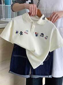 男童/女童夏季 Polo 衫，儿童休闲可爱短袖 T 恤 - 白色 - 查看 4