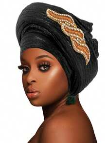 1pc African Gele Style Turban, Shiny Velvet Rhinestone Embellished Head Wrap Cap - F - View 13
