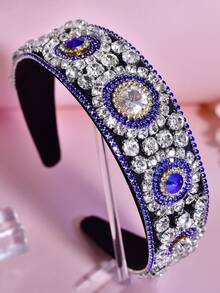1pc Luxury Rhinestone Headband Handmade Fashion Wide Band Hair Accessory Suitable For Wedding Holiday Party Women - Blue - View 4
